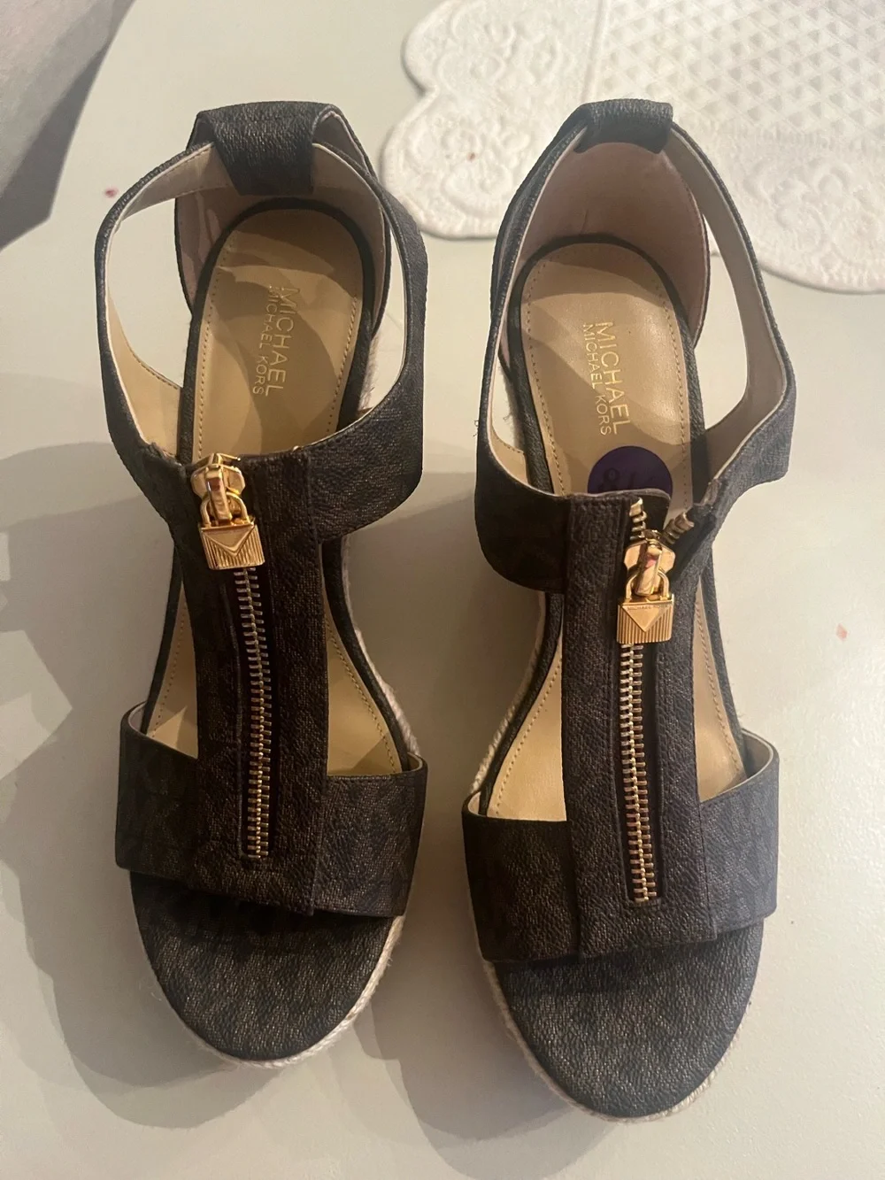 Michael Kors Dark Brown Logo Wedge Sandals with Gold Zipper Accent